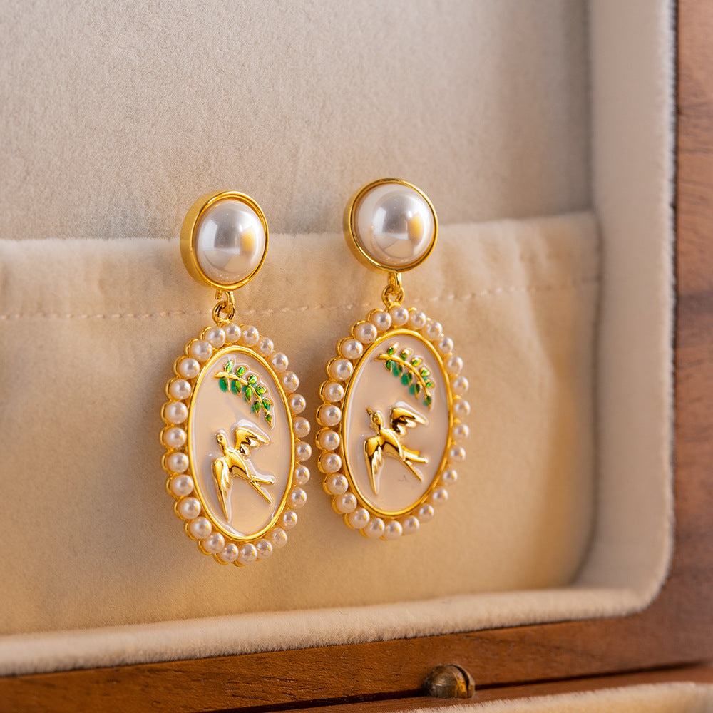 Enamel Craft Swallow Pendant Earrings Pearl setting