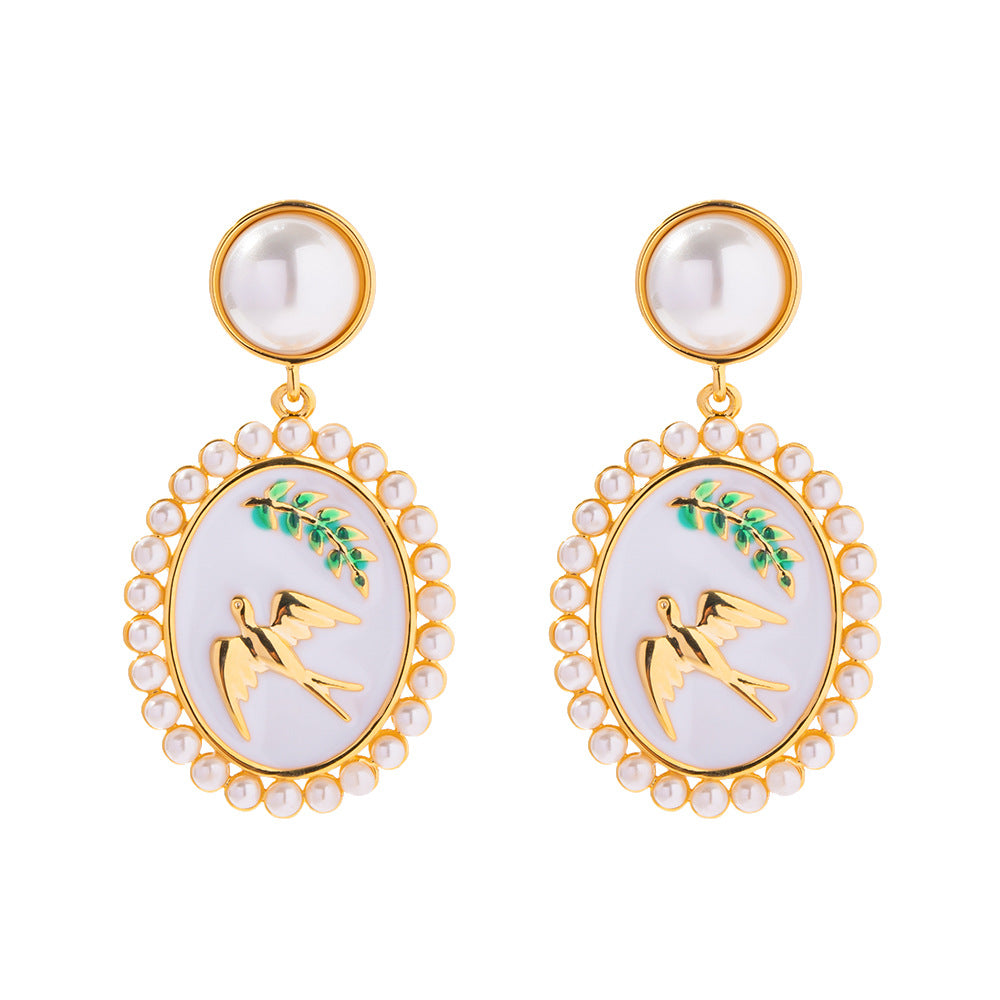 Enamel Craft Swallow Pendant Earrings Pearl setting