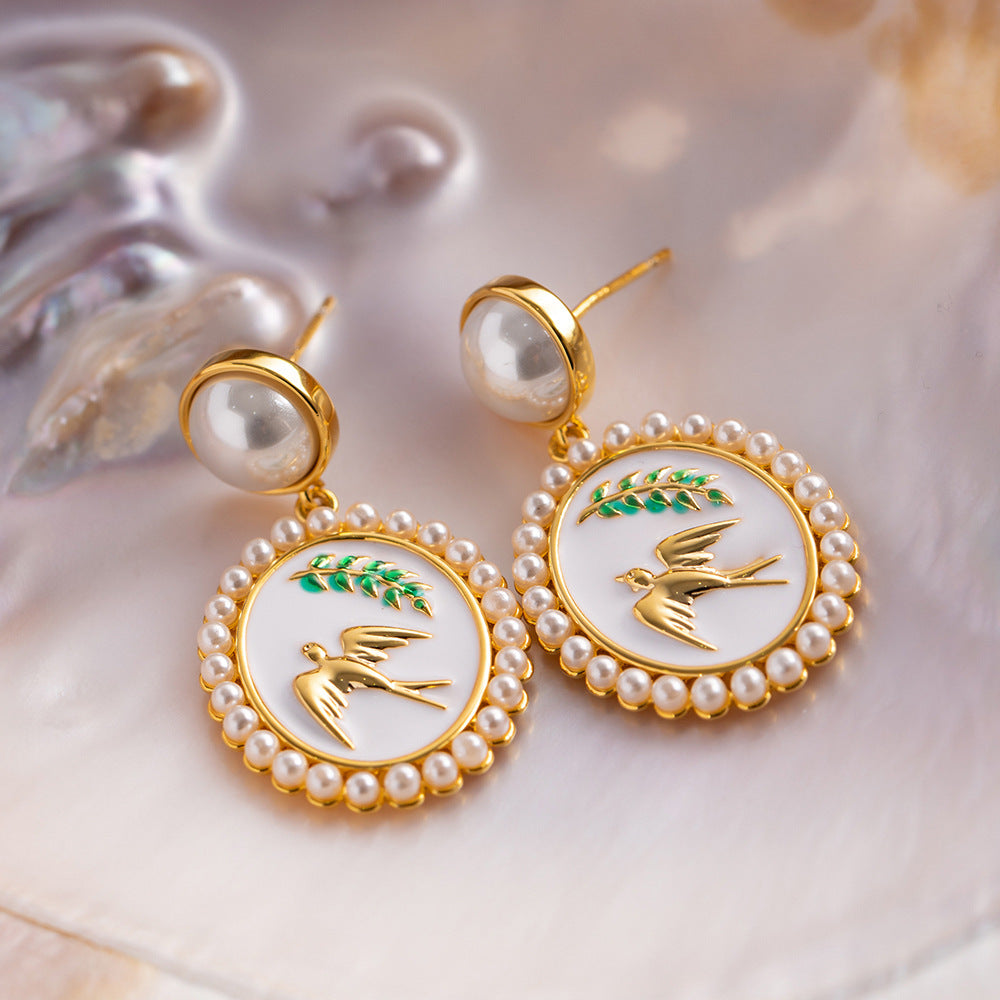 Enamel Craft Swallow Pendant Earrings Pearl setting