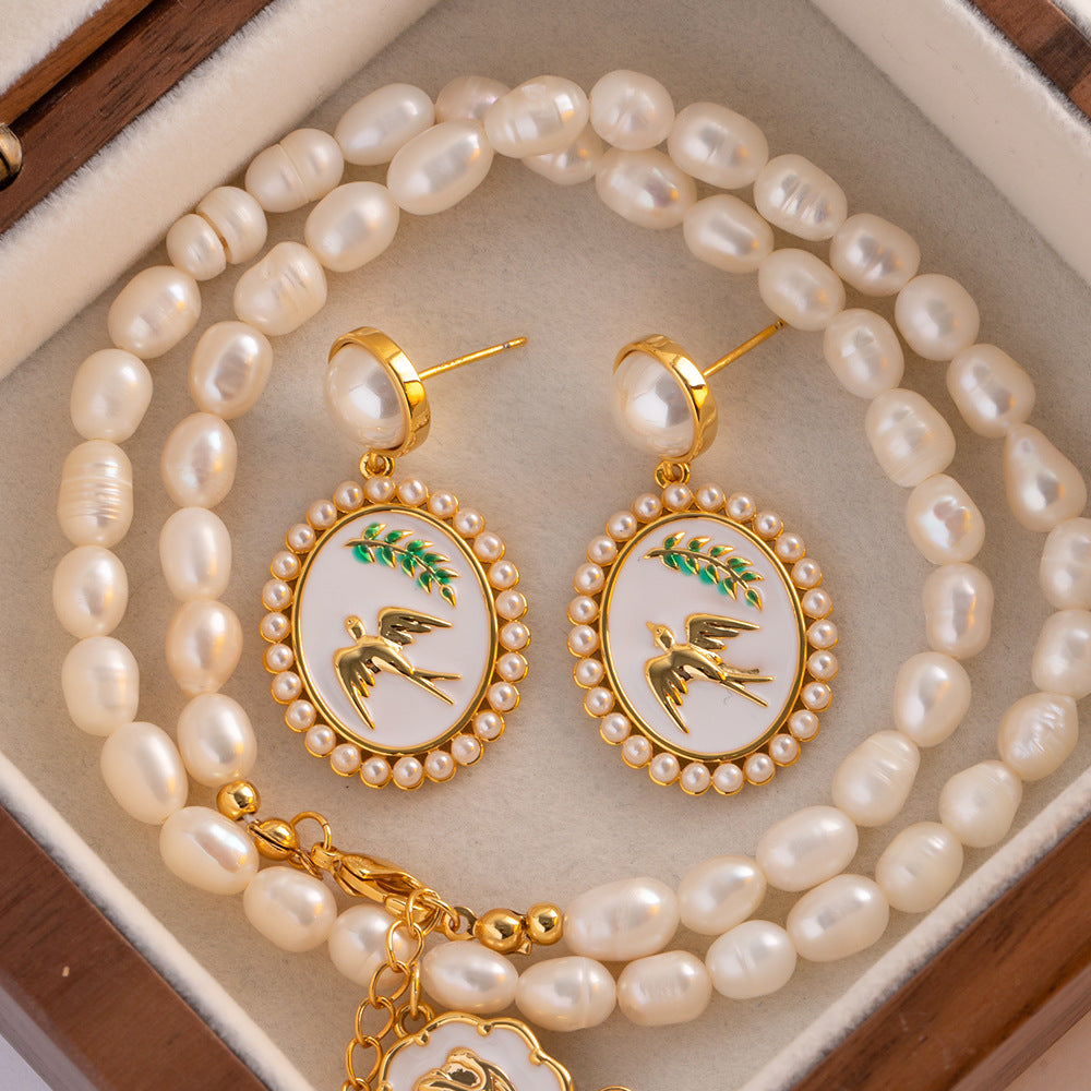Enamel Craft Swallow Pendant Earrings Pearl setting