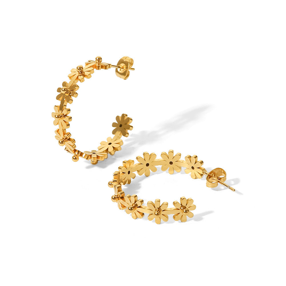 Parisian style inspired flower C shape hoop earring 18K gold plated