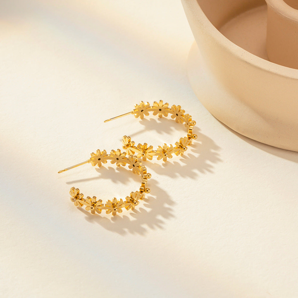 Parisian style inspired flower C shape hoop earring 18K gold plated